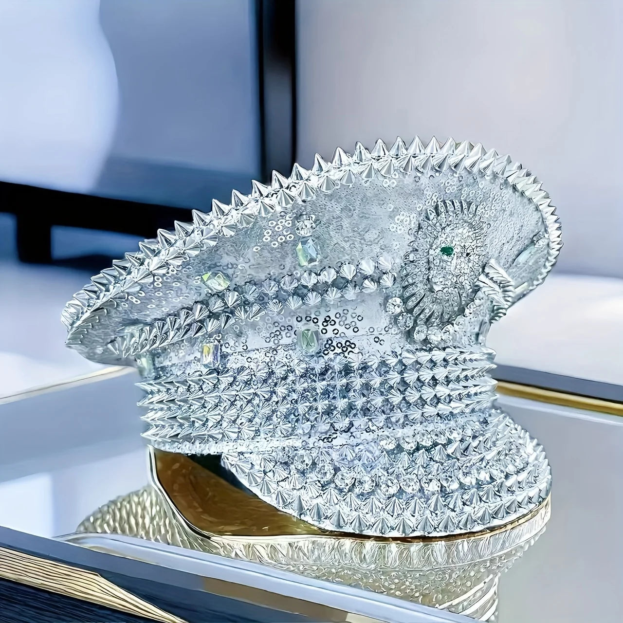 Studded Silver Lion Embellished Military Cap