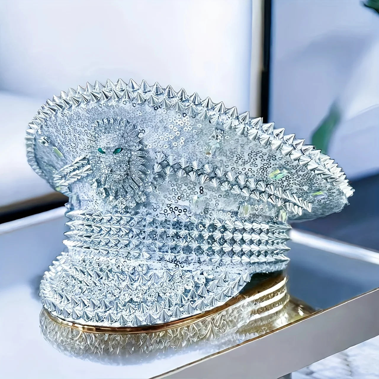 Studded Silver Lion Embellished Military Cap