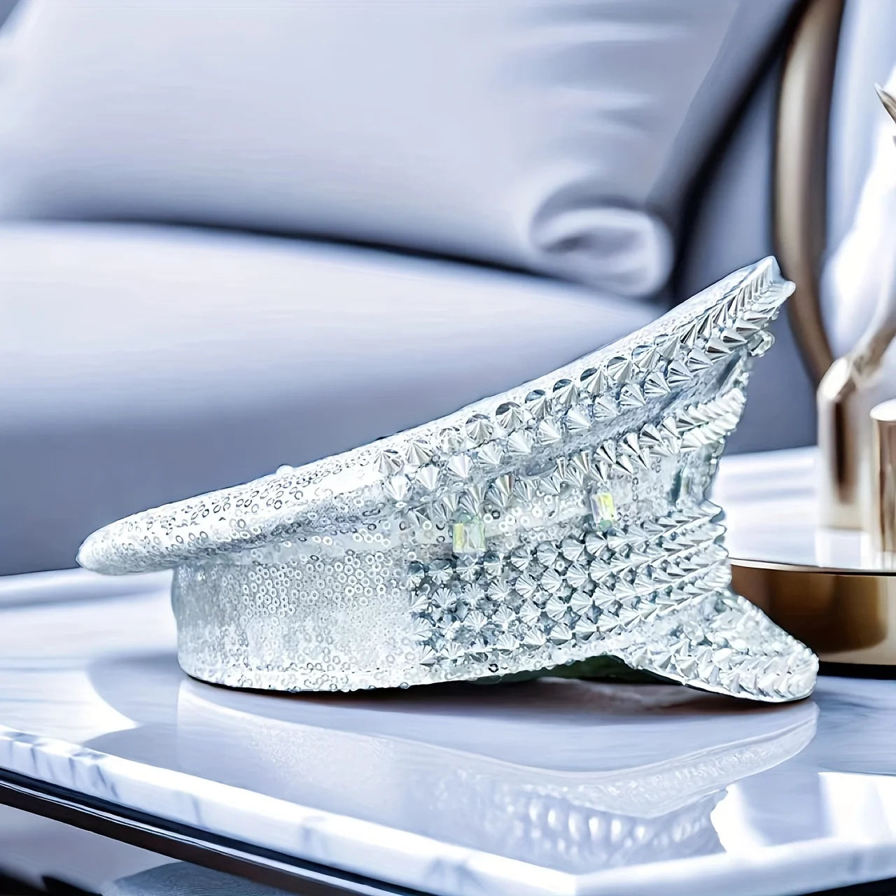 Studded Silver Lion Embellished Military Cap