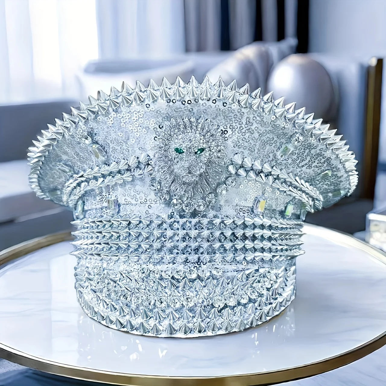 Studded Silver Lion Embellished Military Cap